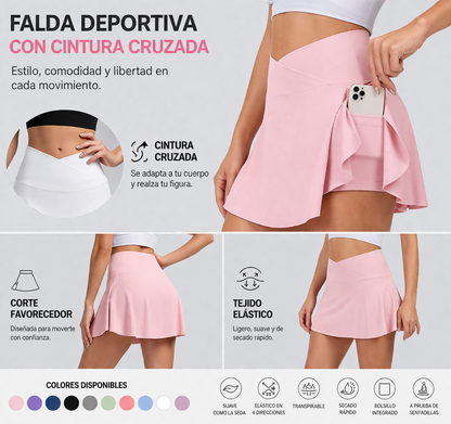 Falda Luna — Mini Deportiva Crossover 2 en 1 Cintura cruzada · Con bolsillo oculto · Ajuste favorecedor